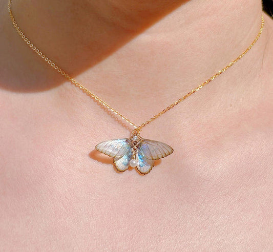 Cute Moth Necklace, Moth Wings With Pearl Jewelry, Insect Fairy Resin Moth Pendant, Gift For Her
