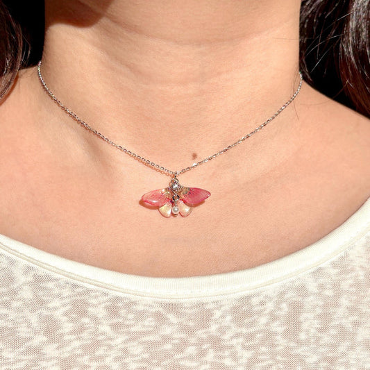 Rosy Maple Moth Necklace, Butterfly Wings With Pearl Jewelry, Insect Fairy Resin Moth Pendant, Gift For Her