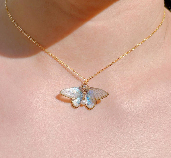 Cute Moth Necklace, Moth Wings With Pearl Jewelry, Insect Fairy Resin Moth Pendant, Gift For Her
