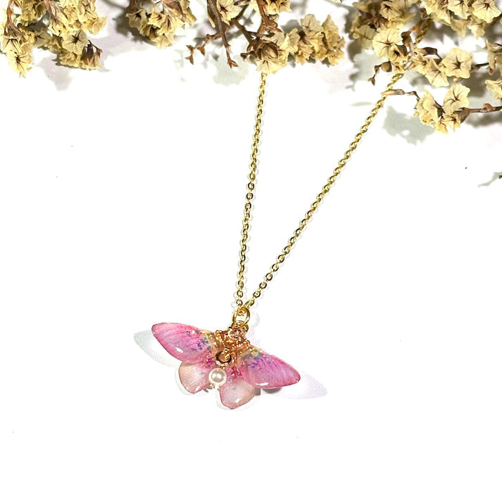Rosy Maple Moth Necklace, Butterfly Wings With Pearl Jewelry, Insect Fairy Resin Moth Pendant, Gift For Her