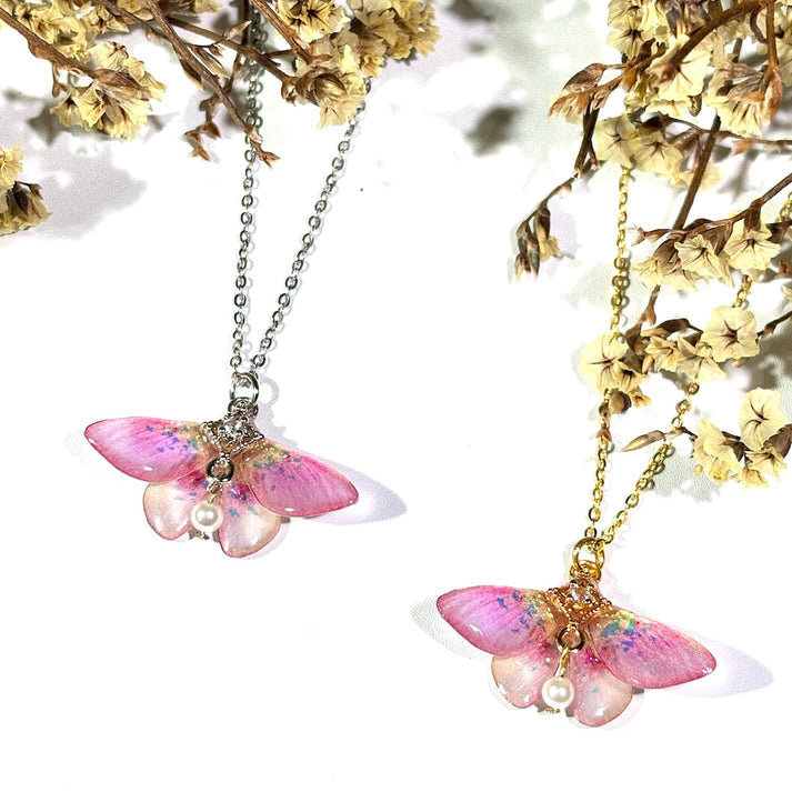 Rosy Maple Moth Necklace, Butterfly Wings With Pearl Jewelry, Insect Fairy Resin Moth Pendant, Gift For Her