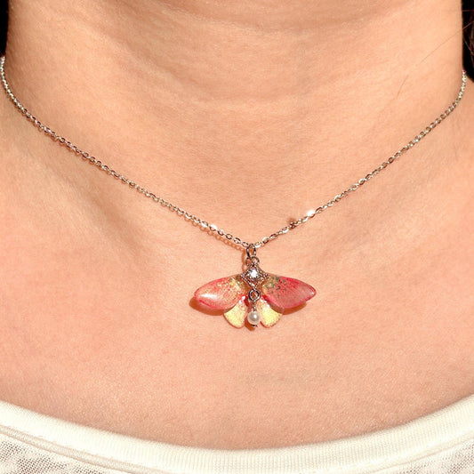 Rosy Maple Moth Necklace, Butterfly Wings With Pearl Jewelry, Insect Fairy Resin Moth Pendant, Gift For Her