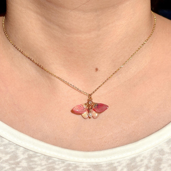 Rosy Maple Moth Necklace, Butterfly Wings With Pearl Jewelry, Insect Fairy Resin Moth Pendant, Gift For Her